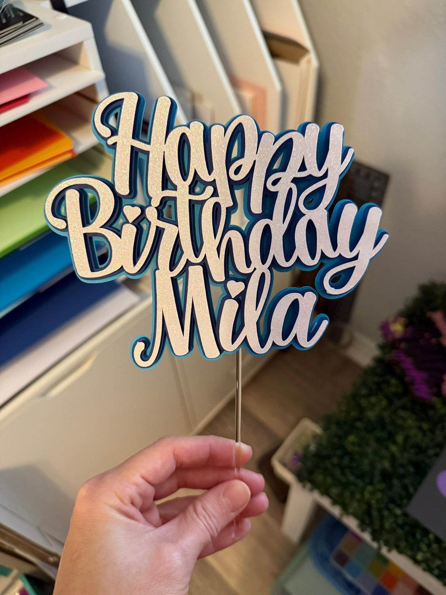 Personalized Happy Birthday Cake Topper | White Glitter Party Decoration & Centerpiece