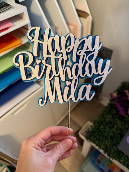 Personalized Happy Birthday Cake Topper | White Glitter Party Decoration & Centerpiece