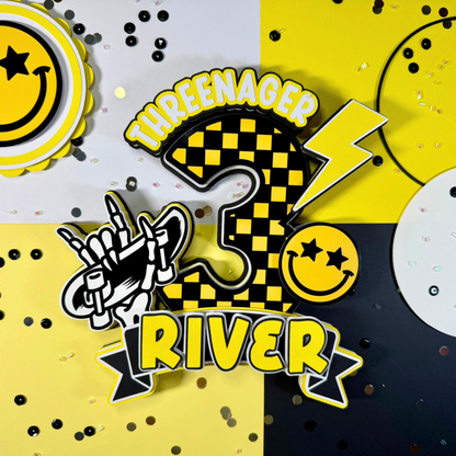 Decorative elements with text and symbols on a yellow and black checkered background