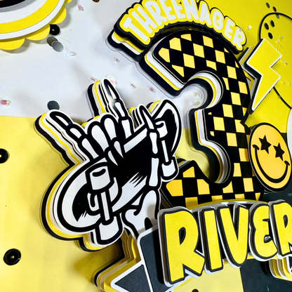 Decorative elements with a number '3', skeleton hand, and text on a yellow background