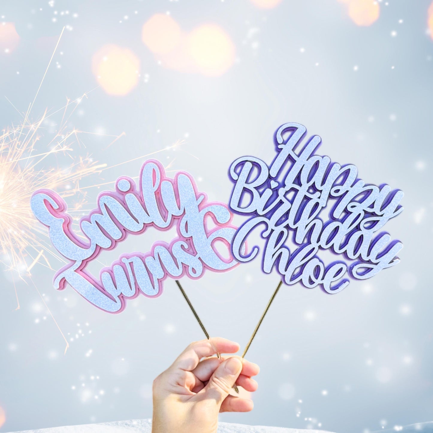 Personalized Happy Birthday Cake Topper | White Glitter Party Decoration & Centerpiece