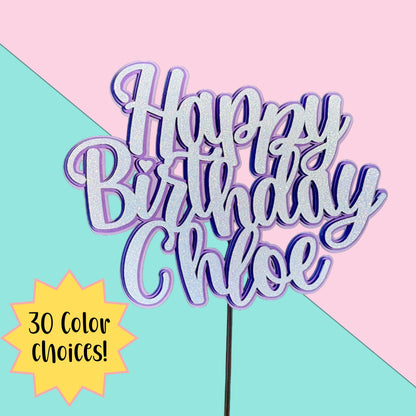 Personalized Happy Birthday Cake Topper | White Glitter Party Decoration & Centerpiece