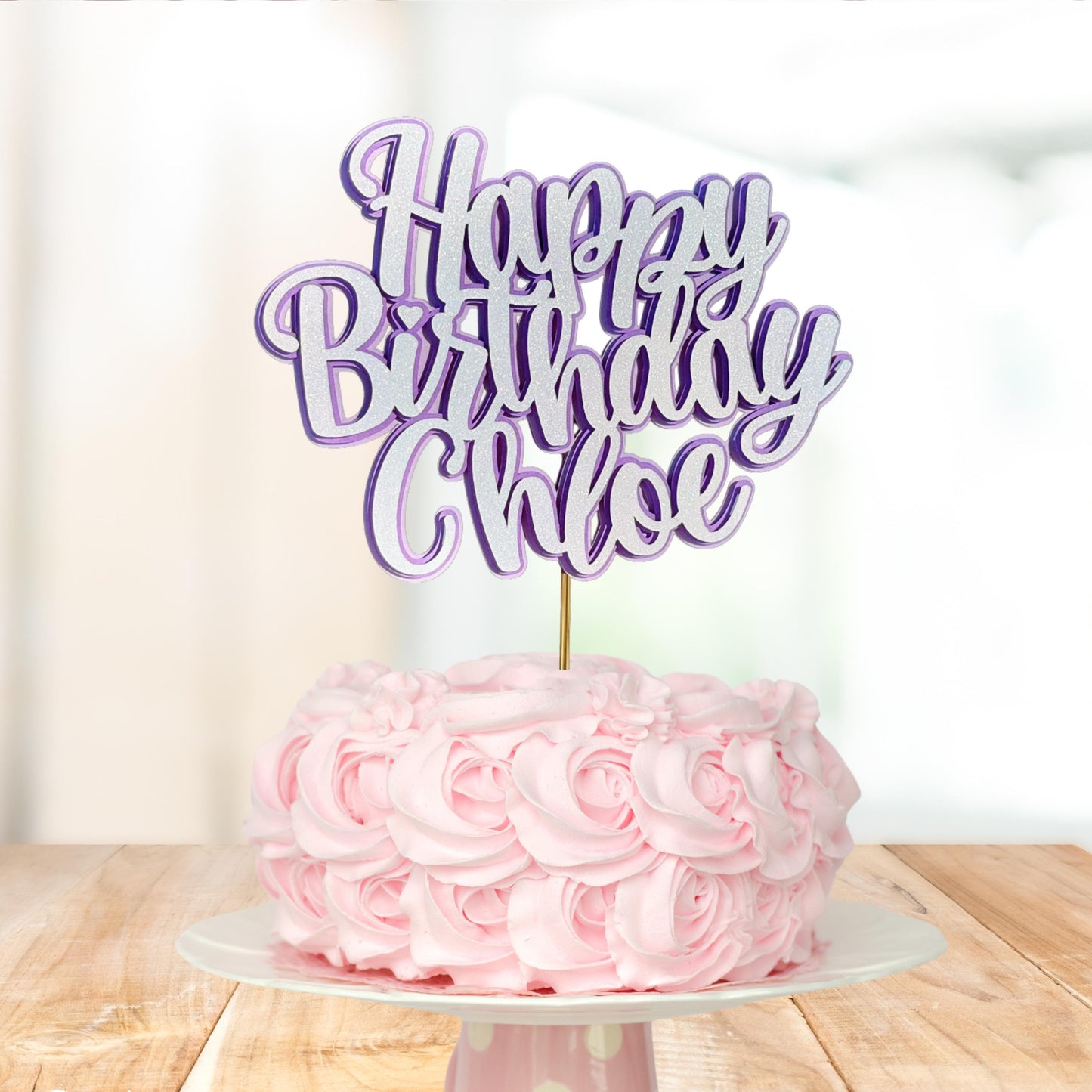 Personalized Happy Birthday Cake Topper | White Glitter Party Decoration & Centerpiece