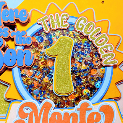 Decorative sign with colorful beads, number 1, and text on a yellow background