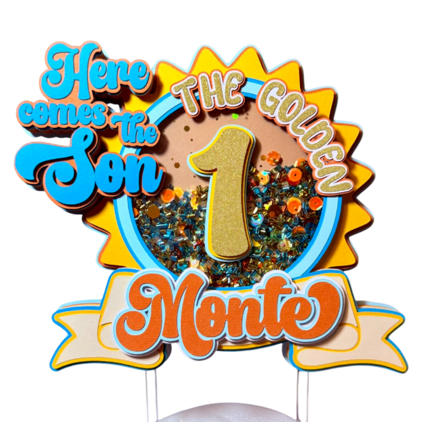 Decorative birthday sign with colorful text and number '1' on a white background