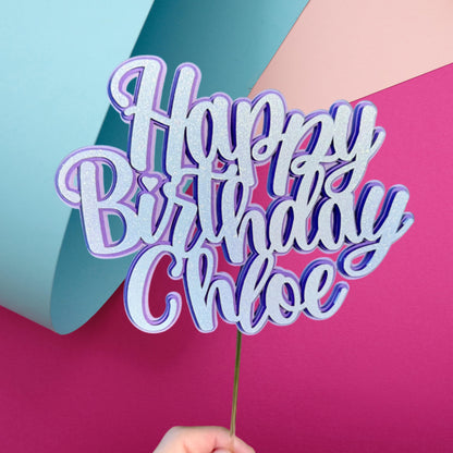 Personalized Happy Birthday Cake Topper | White Glitter Party Decoration & Centerpiece