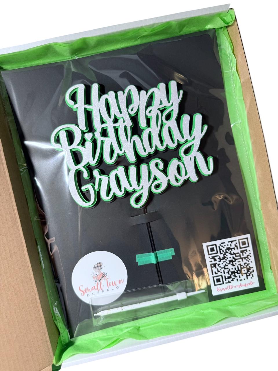 Personalized Happy Birthday Cake Topper | White Glitter Party Decoration & Centerpiece