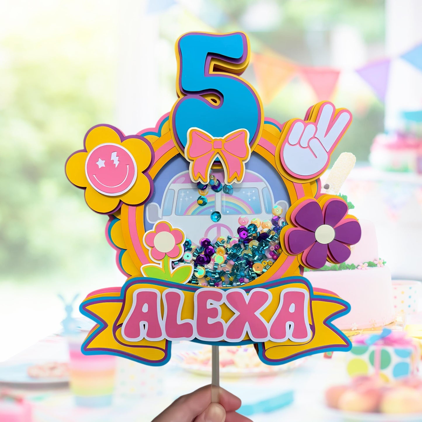 Personalized Groovy Shaker Cake Topper | Retro Hippie Birthday Decoration