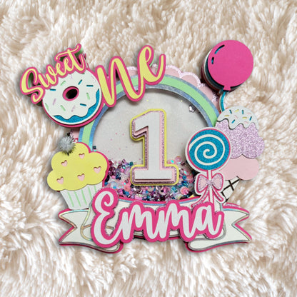 Sweet One shaker cake topper in pastel candy theme