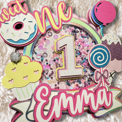 Custom name first birthday cake topper with donuts and lollipops