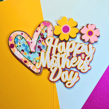 Happy Mother's Day Shaker Cake Topper | Flower Heart Cake Decoration | Gift for Mom