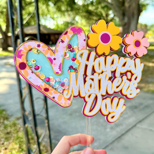 Happy Mother's Day Shaker Cake Topper | Flower Heart Cake Decoration | Gift for Mom